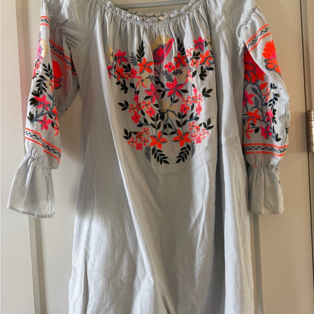 Free People Gray Embroidered Off Shoulder Mini Dress Bell Sleeve M - Picture 3 of 5